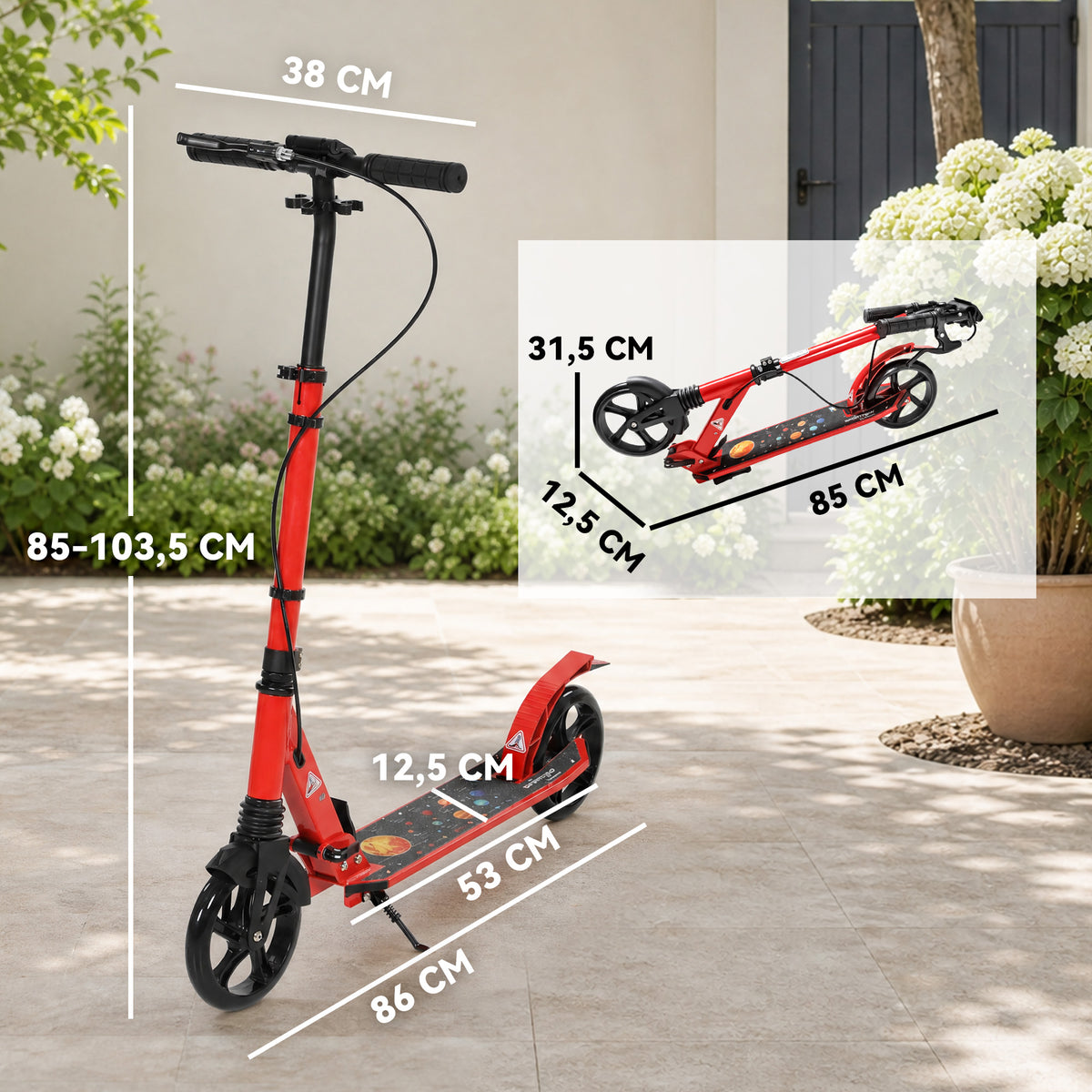 Trotinete Dobrável em Alumínio Guiador Ajustável Travagem Dupla Manual/Pedal Rodas PU 18 cm 86x38x103,5 cm Vermelho — foto 2