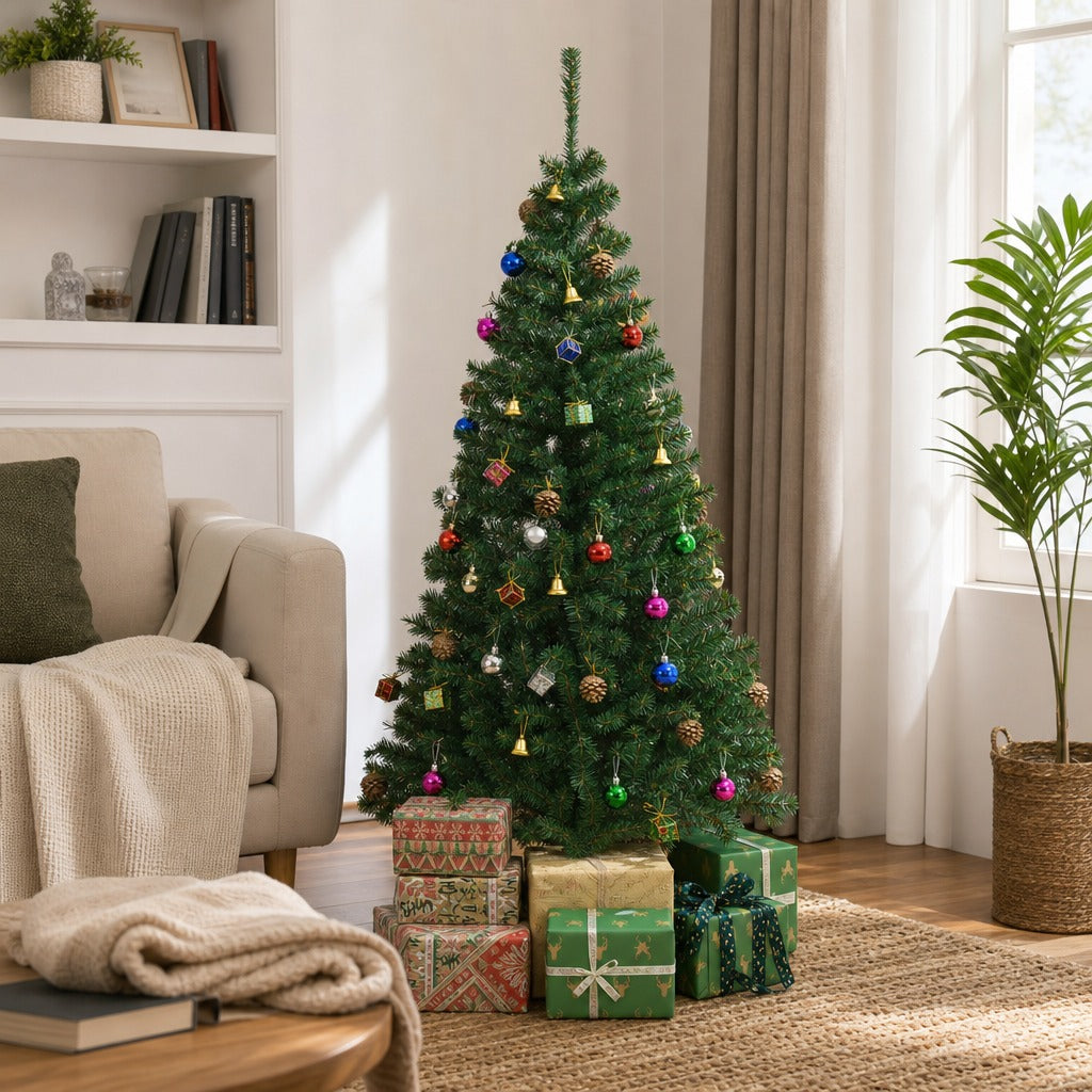 Árvore de Natal Artificial 150cm Ignífugo com 420 Ramos 48 Decorações Folhas de PVC e Suporte Metálico Decoração de Natal para Interior Verde — Ambiente | Lifestyle