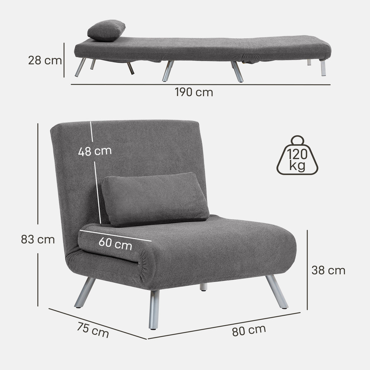 Sofá Cama de Uma Praça 3 em 1 Sofá Dobrável Revestido em Tecido Cinzento Mesclado com Encosto Ajustável em 5 Níveis e Almofada para Escritório Quarto Sala 80x75x83 cm — foto 3