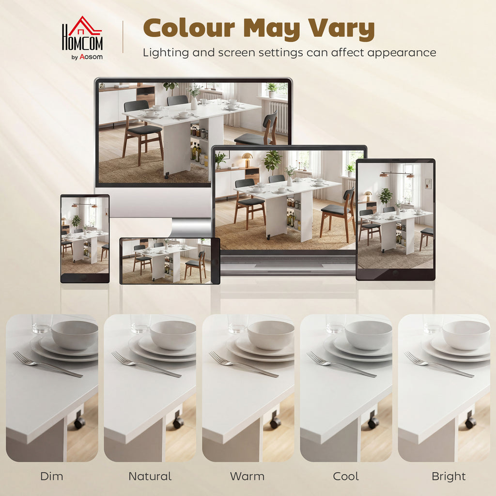 Mesa de Sala de Jantar Dobrável Mesa de Madeira com 2 Prateleiras de Armazenamento e Rodas para Cozinha 75x140x74 cm Branco — foto 8