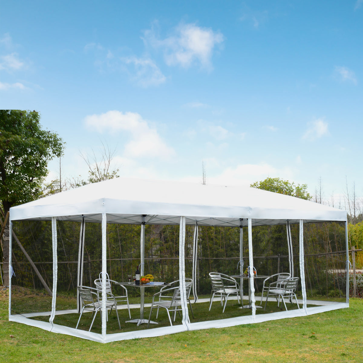 Tenda Dobrável para Jardim com 6 Cortinas Rede Mosquiteira e Bolsa de Transporte com Zíper Fácil Montagem 591x297x255 cm Aço Tecido Oxford Branco — foto 2