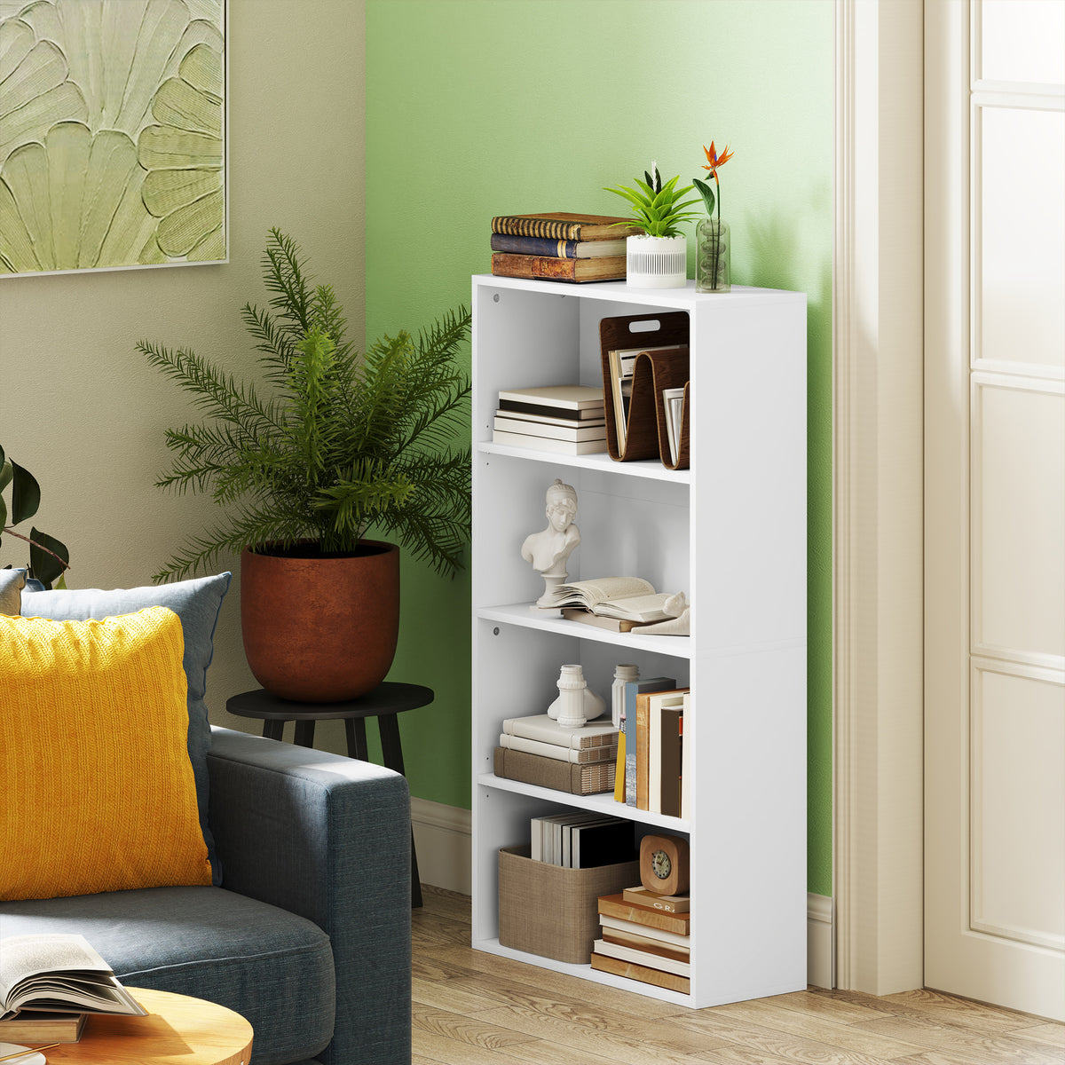 Estante de 4 Níveis Estante para Livros com 2 Prateleiras Ajustáveis para Sala de Estar Escritório Quarto 60x24x115,5 cm Branco — foto 2