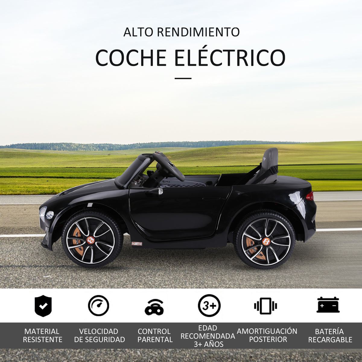 Bentley GT elétrico licenciado para crianças acima de 3 anos, 2 velocidades com controle remoto farois musica preto — foto 4