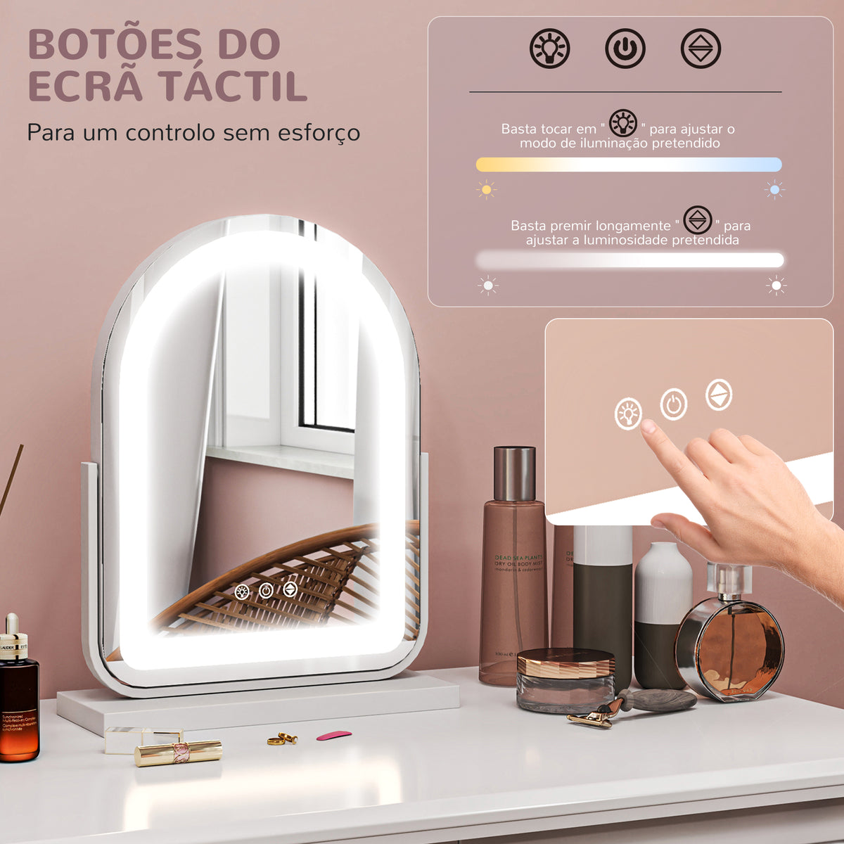 Espelho de Maquilhagem com Luz LED Espelho de Tocador Giratório com 3 Modos de Iluminação Ajustáveis Interruptor Tátil Rotação Regulável de 360° e Função de Memória 33x44,5x12 cm Branco — foto 4