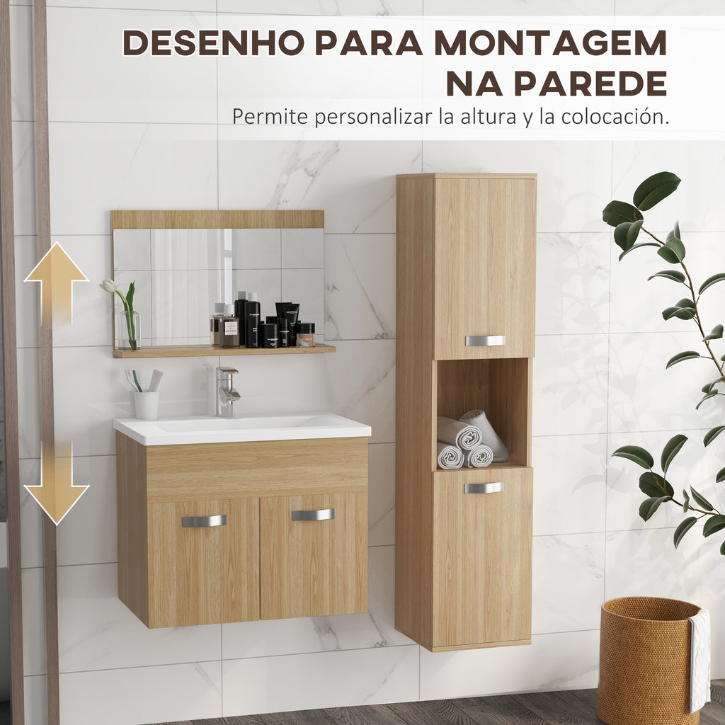 Conjunto de Móveis para Casa de Banho de Parede 3 Peças Inclui Espelho com Prateleira Móvel com Lavatório Cerâmico e Coluna de Casa de Banho Estilo Moderno Madeira — foto 5