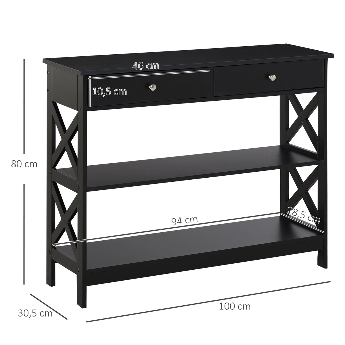 Consola de Entrada Mesa Hall com 2 Gavetas e 2 Prateleiras Inferiores Mobiliário Moderno Base Elevada Anti-Inclinação 100x30.5x80 cm Preto — foto 3