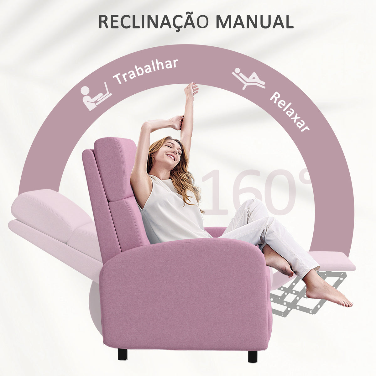 Poltrona Relax Reclinável até 160° Poltrona Reclinável Manual com Apoio para os Pés Carga Máxima 120 kg para Sala de Estar Dormitório 64x86x102 cm Rosa — foto 4
