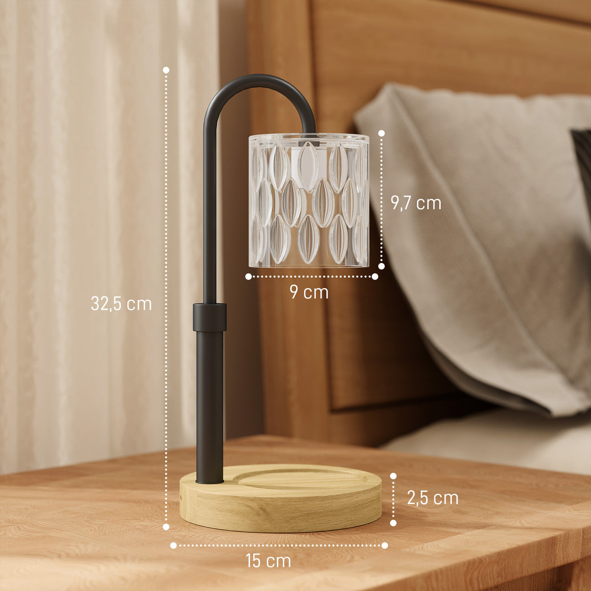 Candeeiro de Mesa Candeeiro Aquecedor de Vela com Base de Madeira Ecrã de Vidro Candeeiro de Mesa para Dormitório Sala de Estar Escritório Ø15x32,5 cm Multicor — foto 3
