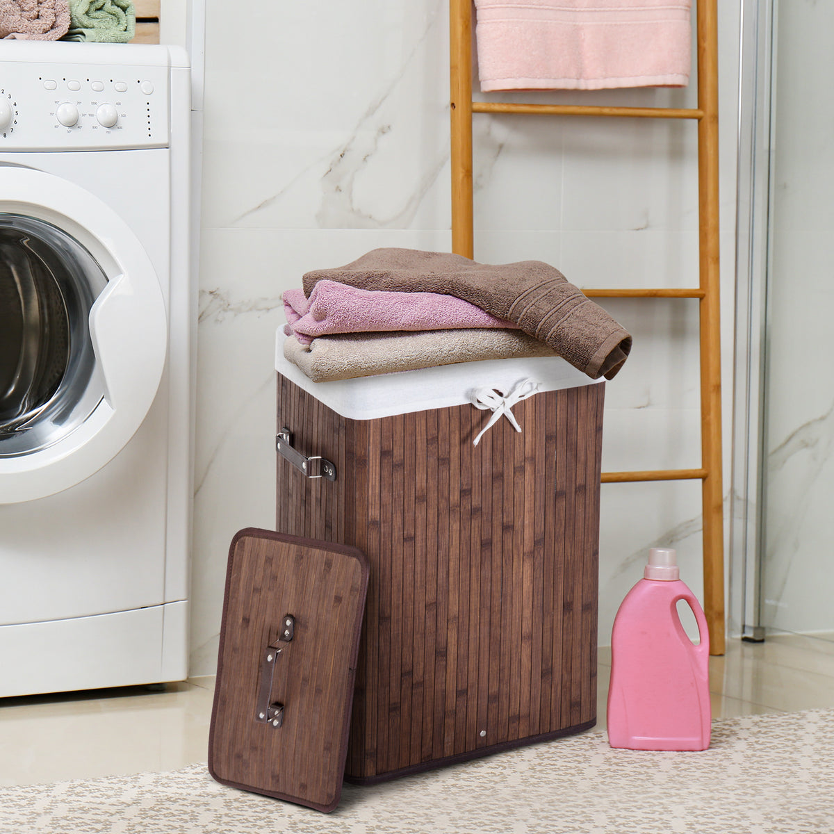 Cesto de Roupa de Bambu Dobrável Cesto para Roupa Suja 70L com Tampa e Bolsa Amovível para Lavandaria Casa de Banho 40x30x60 cm Marrom — foto 2