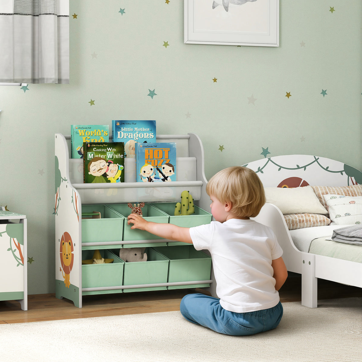 Estante Infantil para Brinquedos com 6 Caixas de Tecido Não Tecido Organizador de Brinquedos com 2 Prateleiras para Quarto Infantil Sala de Brincar Escola Infantil 63x30x71 cm Verde — foto 2