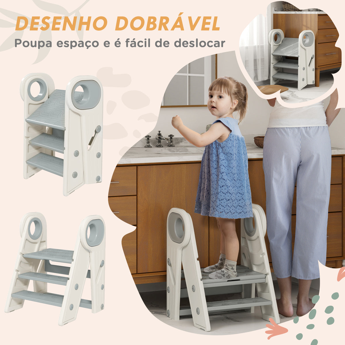 Banco para Crianças Dobrável Torre de Aprendizagem Escada para Crianças de 18-60 Meses Antiderrapante para Casa de Banho Cozinha Dormitório 46,5x47x61,5 cm Cinza e Branco — foto 4