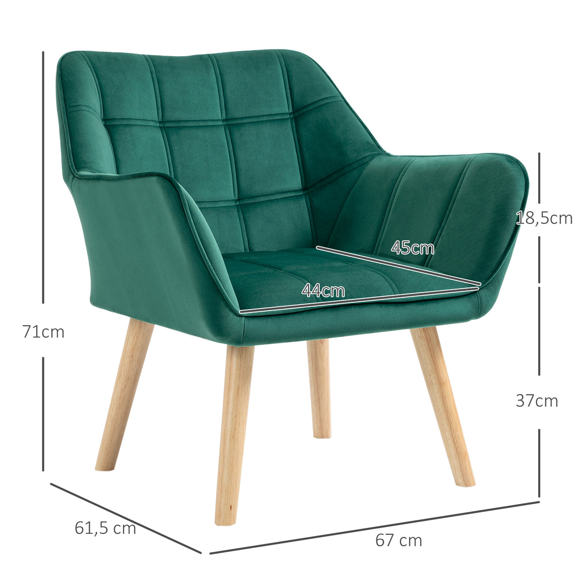 Poltrona Moderna Poltrona de Leitura Estofada em Veludo com Assento Amplo Pés em Madeira Poltrona Relax para Sala de Estar Quarto 67x61,5x71 cm Verde — foto 3