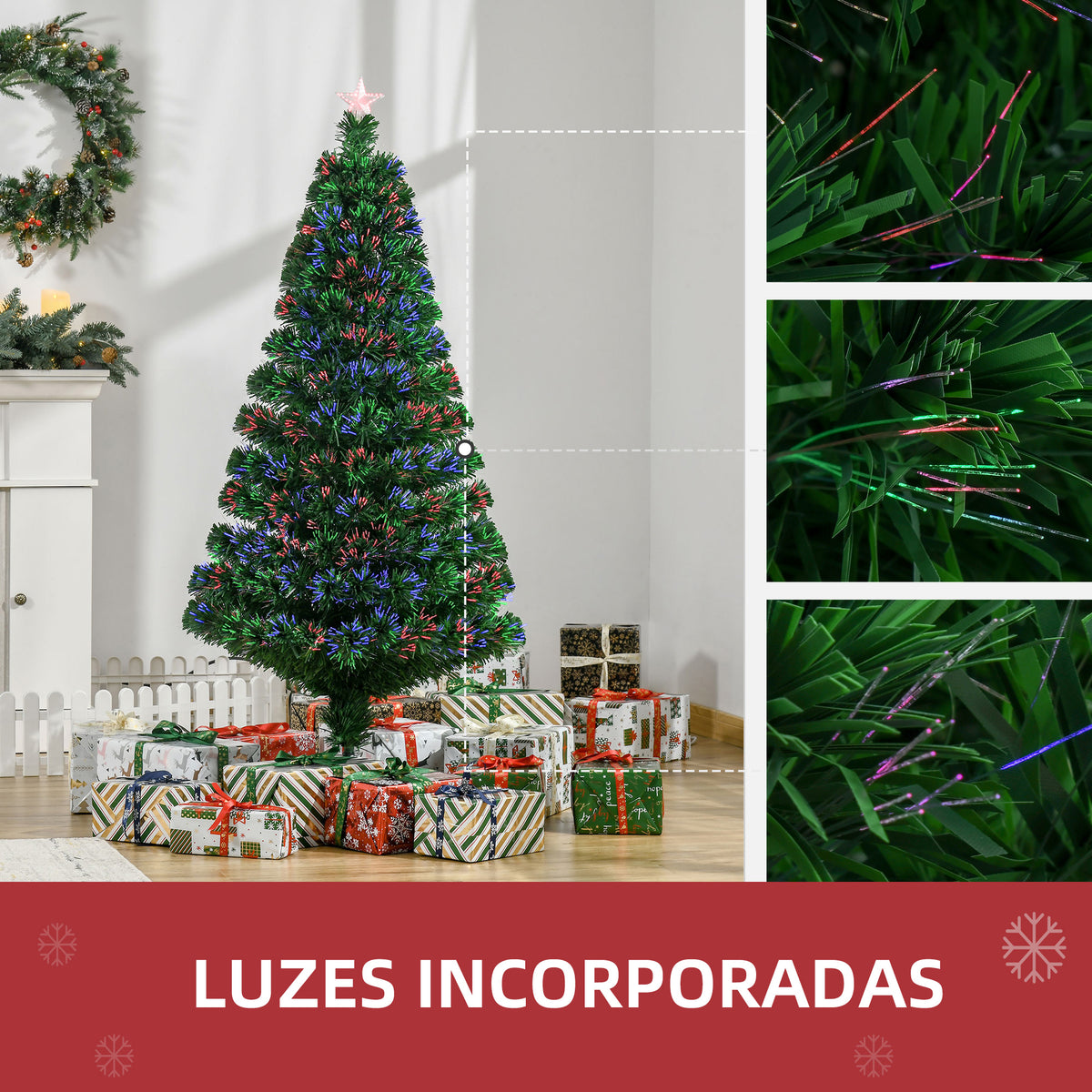 Árvore de Natal Artificial 150 cm Árvore de Natal com Fibra Óptica e Suporte Metálico Decoração de Natal Ø75x150 cm Verde — foto 5