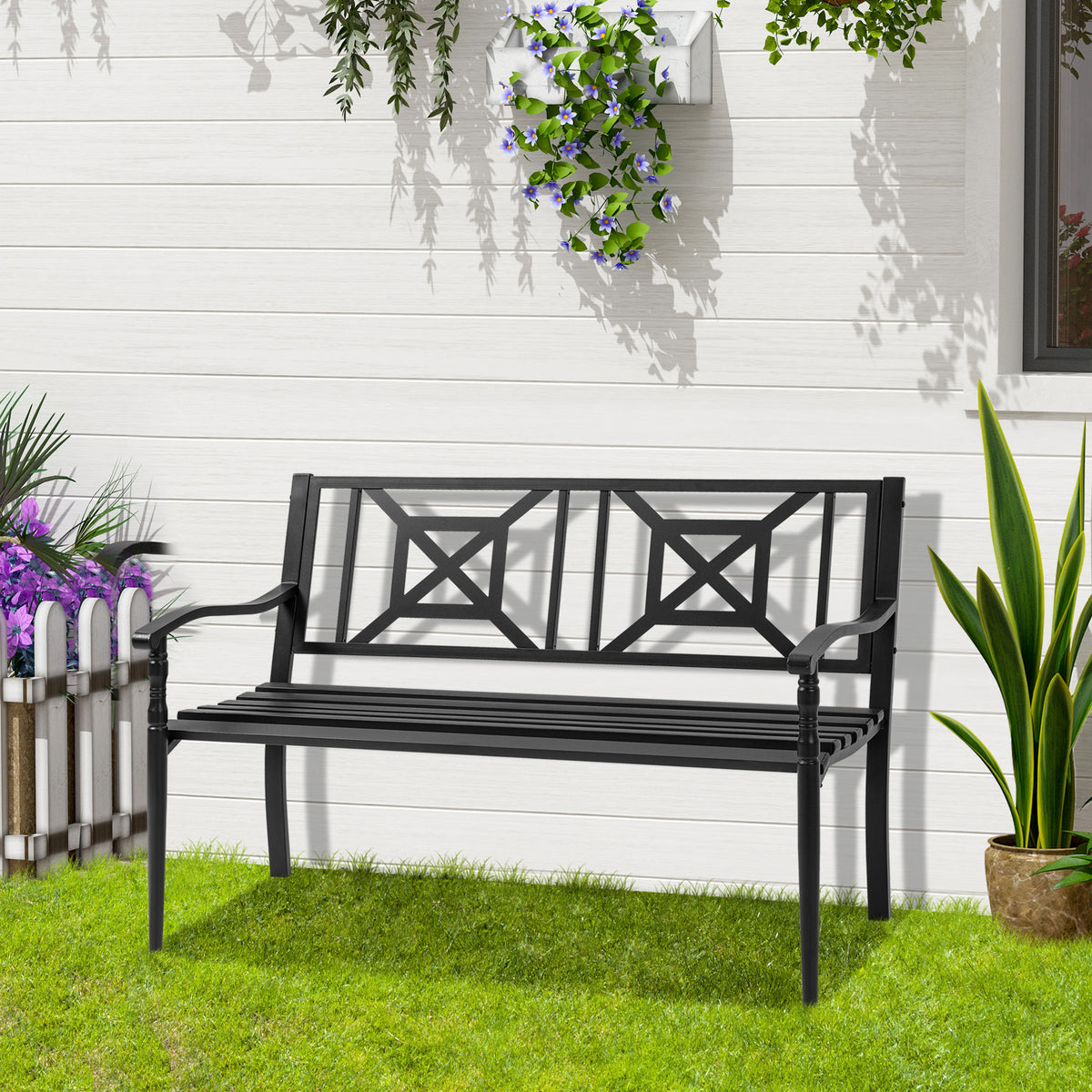 Banco de Jardim de 2 Lugares Banco de Exterior de Aço com Apoio para os Braços e Encosto Decorativo para Terraço Varanda Pátio Carga 280kg 128x62,5x81,5cm Preto — foto 2