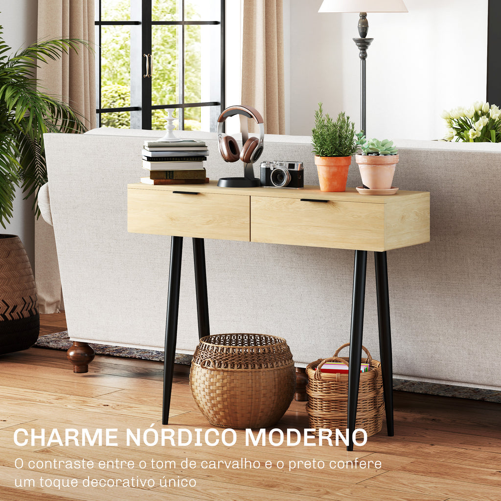 Mesa Consola Móvel para Entrada com 2 Gavetas e Pés de Aço Consola para Entrada Corredor 100x30x80,5 cm Carvalho — foto 4