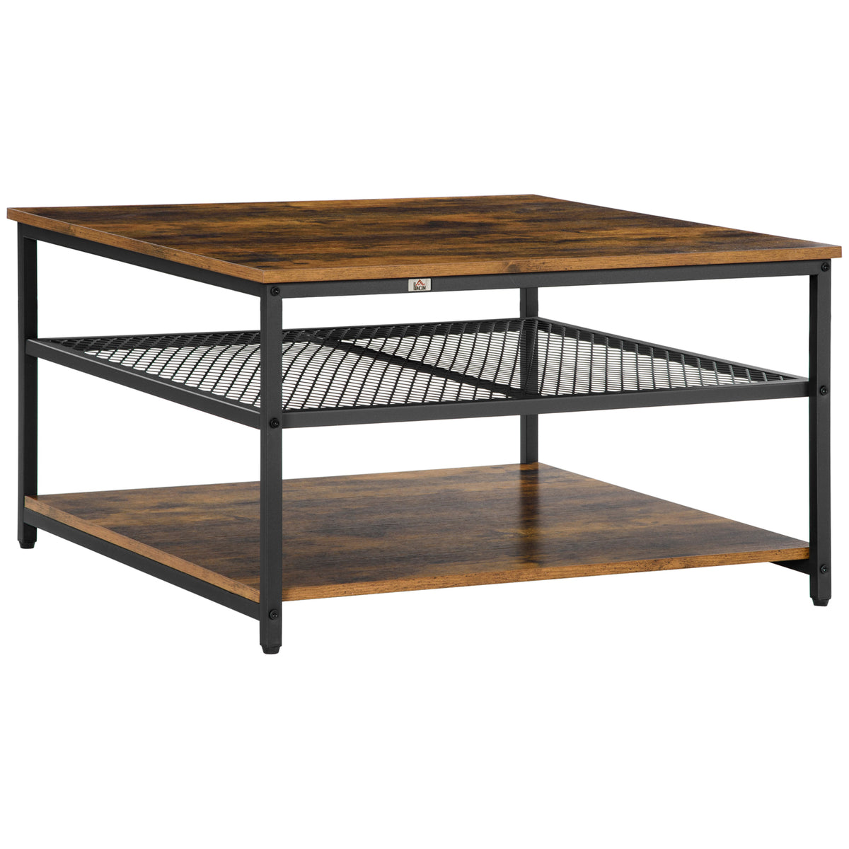 Mesa de Centro Mesa Auxiliar com 2 Prateleiras de Armazenamento Estrutura de Metal para Sala de Estar Sala de Jantar Carga Máxima 30kg 80x80x45cm Marrom Rústico — foto 1