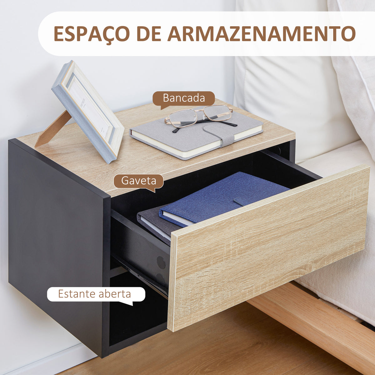 Conjunto de 2 Mesas de Cabeceira Flutuantes Mesas de Cabeceira Suspensas com 1 Gaveta e Prateleira Aberta para Dormitório 46x30x30 cm Carvalho e Preto — foto 5