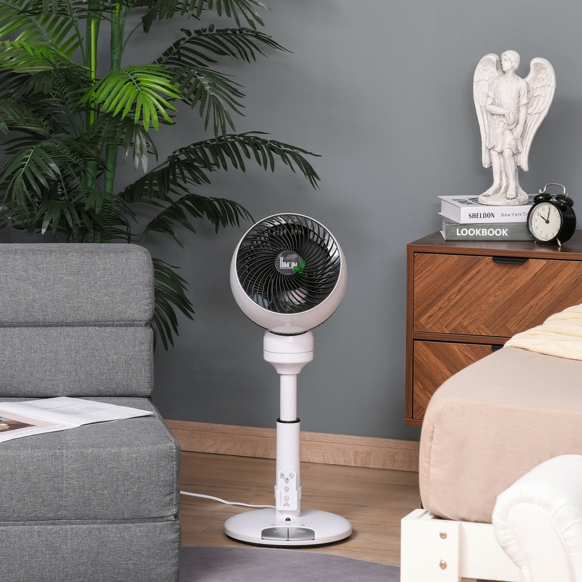 Ventilador de pé de diâmetro 23 cm / 9 " com circulação de ar Ventilador de pedestal com 3 velocidades e 3 modos Altura ajustável 60-70 cm Oscilar 70 ° com controlo remoto branco — foto 2