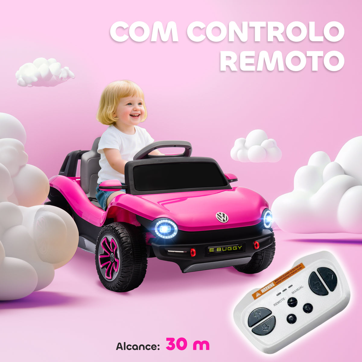Carro Elétrico para Crianças acima de 3 Anos Volkswagen E-Buggy Bateria 12V com Controlo Remoto 2,4 G Rodas com Suspensão Faróis LED Música USB e Motor Duplo 98x56,5x47 cm Rosa — foto 5