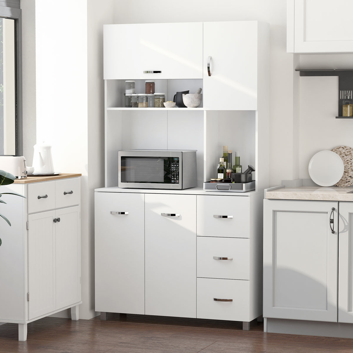 Armário de Cozinha Armário Alto com 3 Gavetas 4 Portas Prateleiras Interiores Ajustáveis e Pés Elevados Móvel Auxiliar para Sala de Jantar Sala de Estar 100x39,5x183,5cm Branco — foto 2