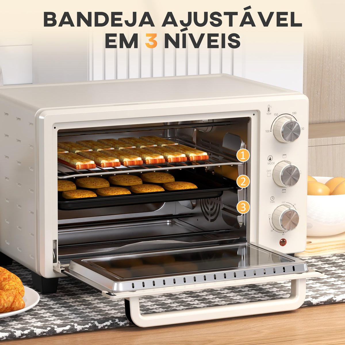 Mini Forno Elétrico 21L 1400W Forno Elétrico de Mesa com Temporizador até 60min e Temperatura Ajustável até 230℃ 46x38,5x29 cm Creme e Prata — foto 5