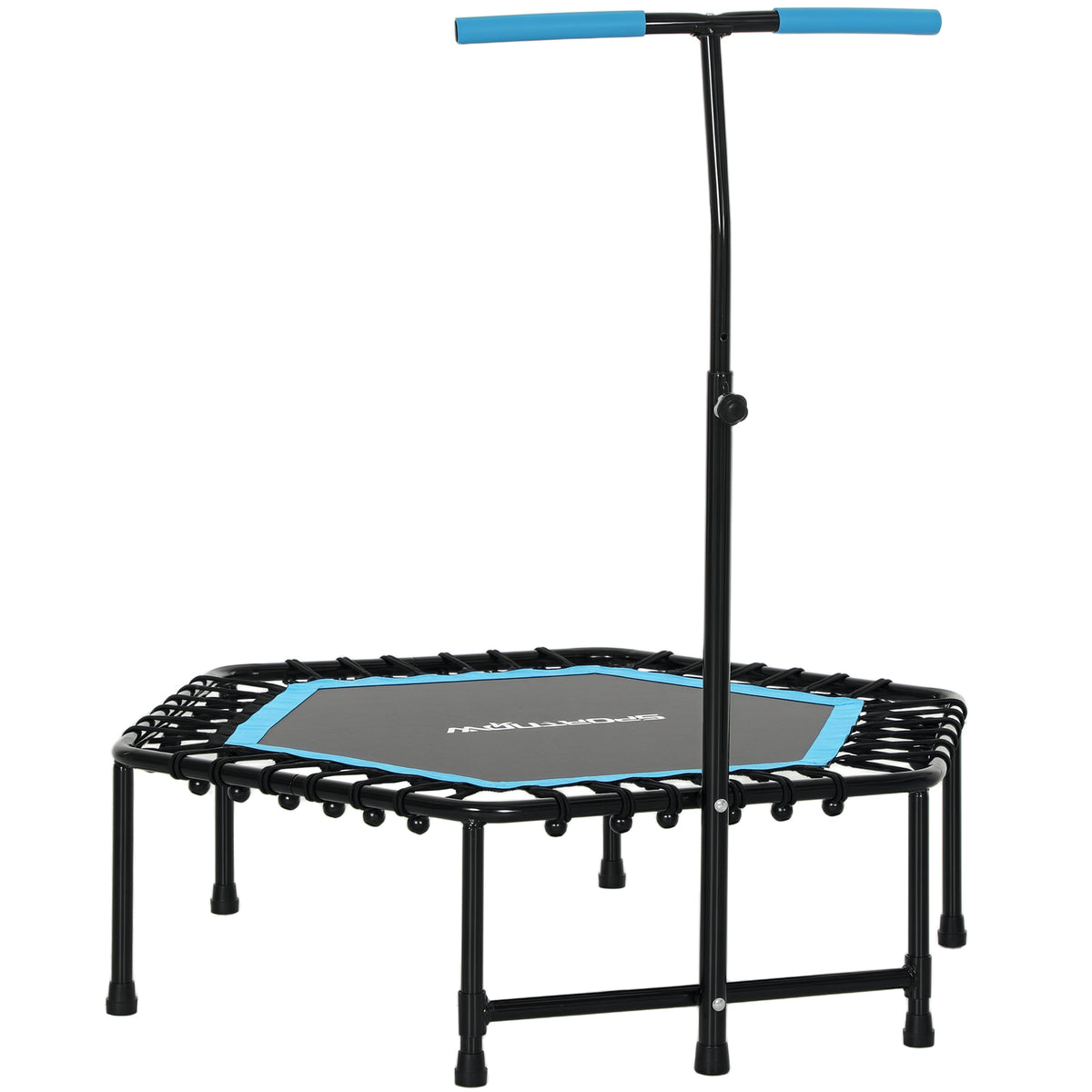 Trampolim Fitness 114x114x132 cm Trampolim Fitness com Guiador Ajustável em 3 Níveis Estrutura de Aço para Treino de Perna Corpo em Casa Escritório Ginásio Azul — foto 1