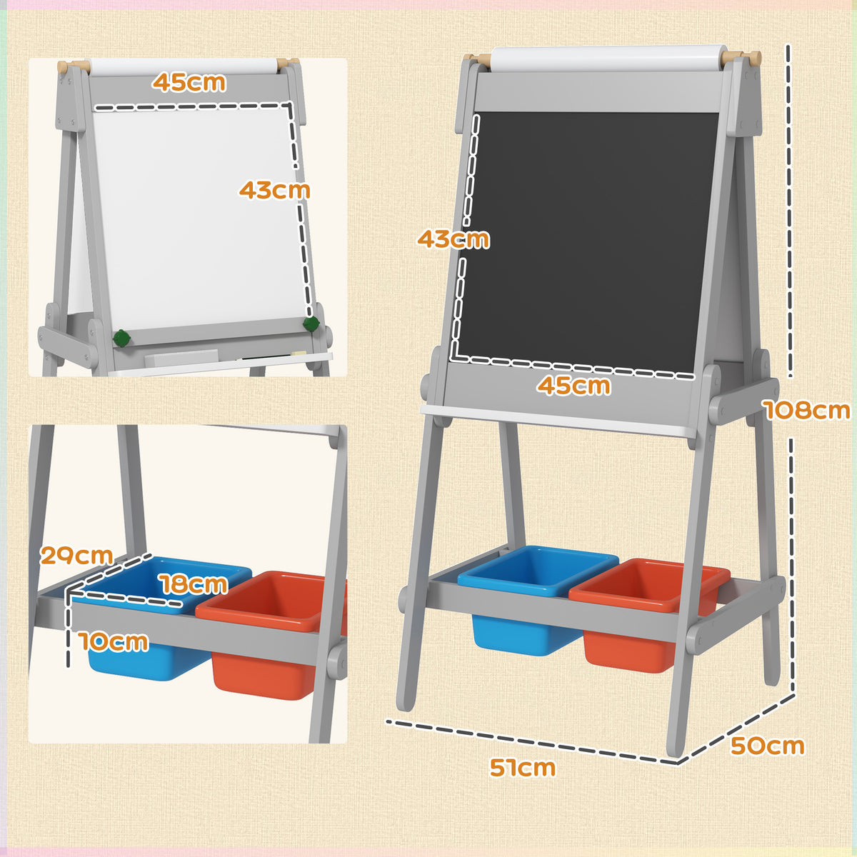 Cavalete para Crianças Cavalete de Pintura para Crianças 3 em 1 Ardósia Dupla com Rolo de Papel Apagador e Caixas de Arrumação 51x50x108 cm Cinza — foto 3