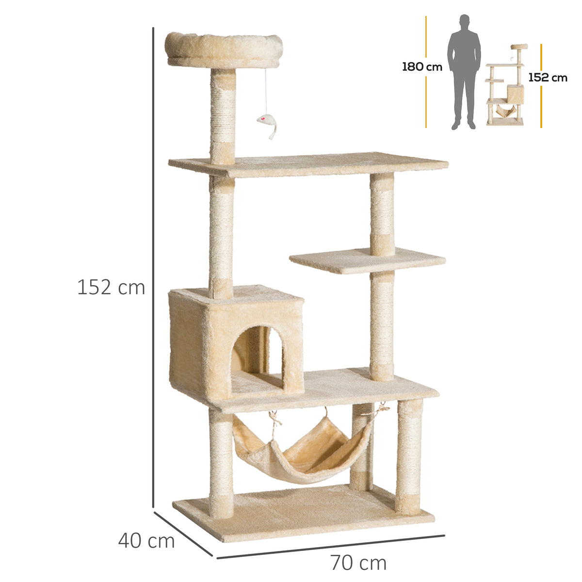 Arranhador de Árvore para Gatos com Plataformas Múltiplas Brinquedo Suspenso Caverna Espaçosa Rede Macia Postes de Coçar 70x40x152 cm Bege — foto 3