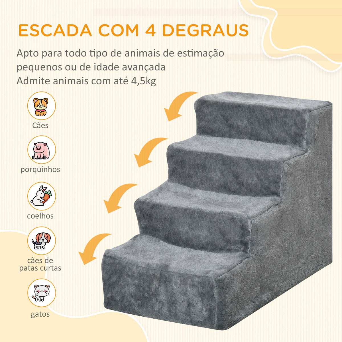 Escada para Animais de Estimação com 4 Degraus 2 em 1 com Capa Removível e Lavável Escada para Cães Gatos Carga 30kg 60x35x44cm Cinza — foto 4