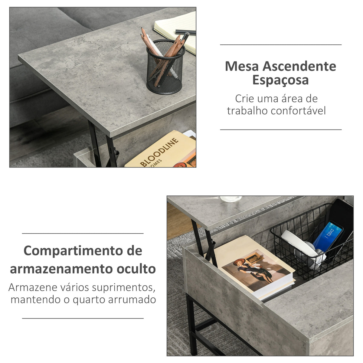 Mesa de Centro Elevável Mesa de Café Versátil com Armazenamento Oculto Pés de Metal para Sala de Estar Sala de Jantar 90x60,5x45,5 cm Cinzento e Preto — foto 6