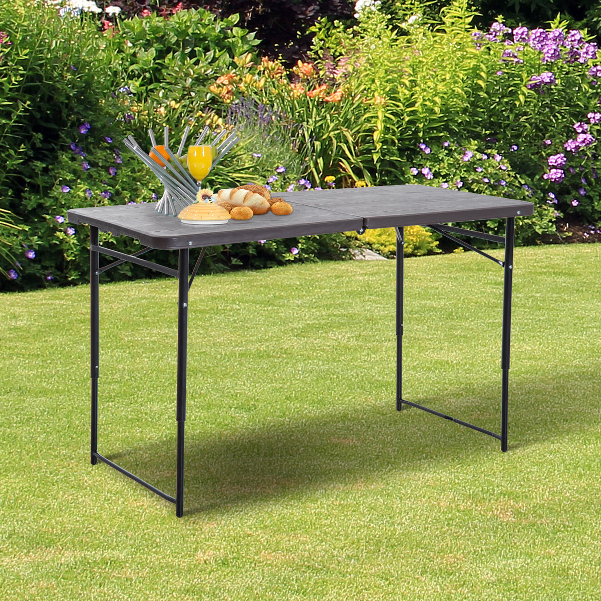 Mesa de acampamento dobrável com altura ajustável 122x61x53 / 71,5 cm Auxiliar ajustável em marrom e preto — foto 2