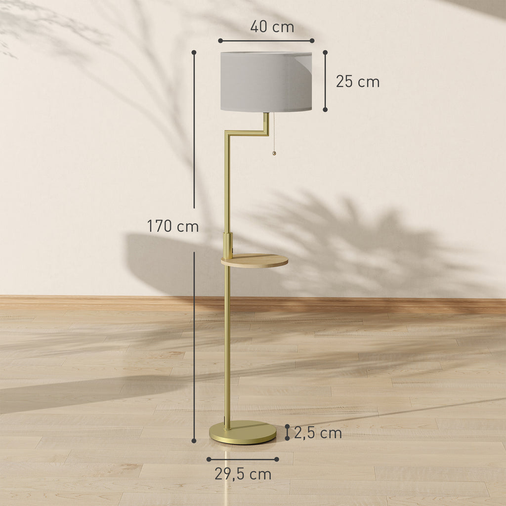 Candeeiro de Pé com Mesa Auxiliar Candeeiro com Prateleira Lâmpada E27 Máx. 40W com Ecrã de Linho Interruptor de Corrente e Carregador USB para Sala de Estar Ø40x170 cm Dourado — foto 3