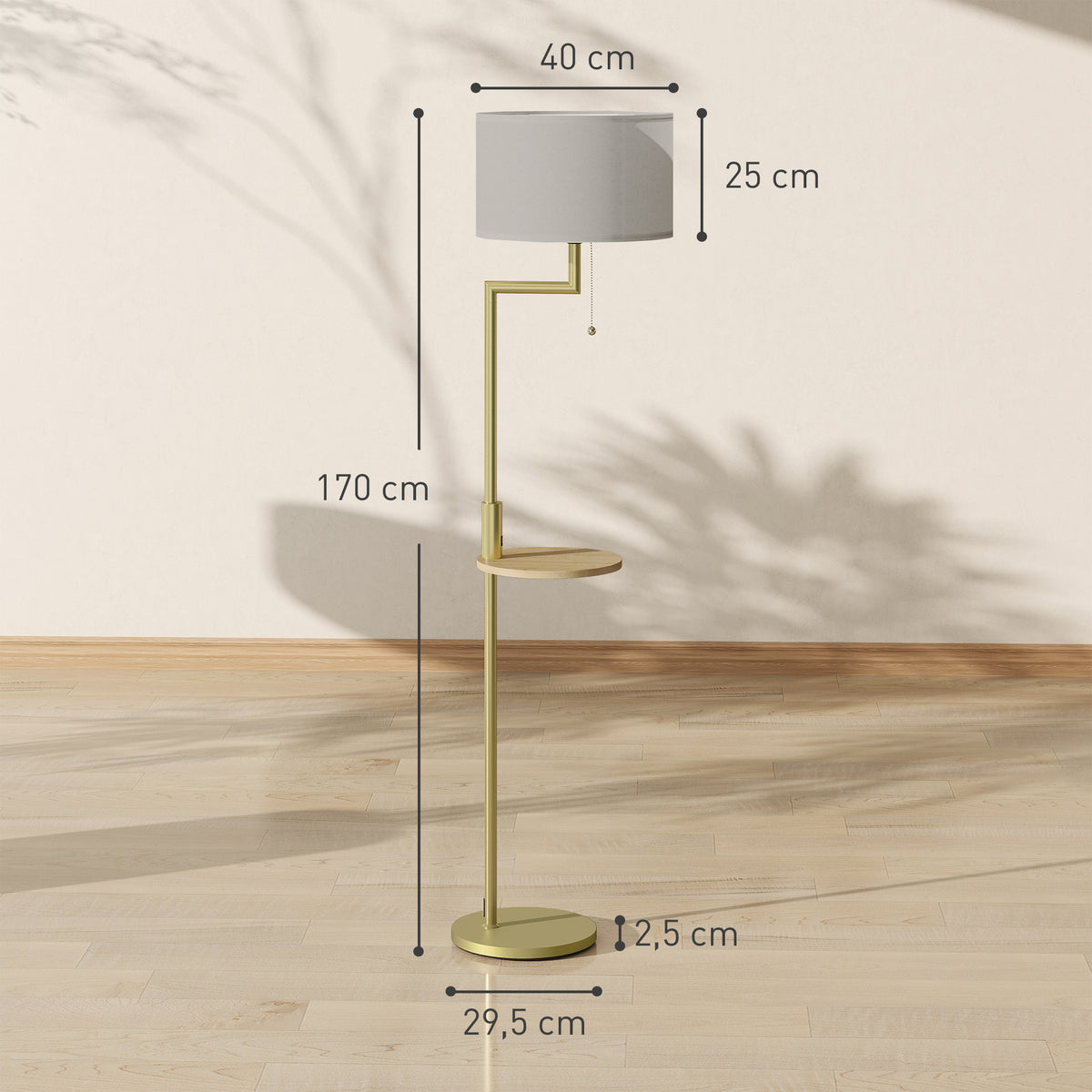 Candeeiro de Pé com Mesa Auxiliar Candeeiro com Prateleira Lâmpada E27 Máx. 40W com Ecrã de Linho Interruptor de Corrente e Carregador USB para Sala de Estar Ø40x170 cm Dourado — foto 3