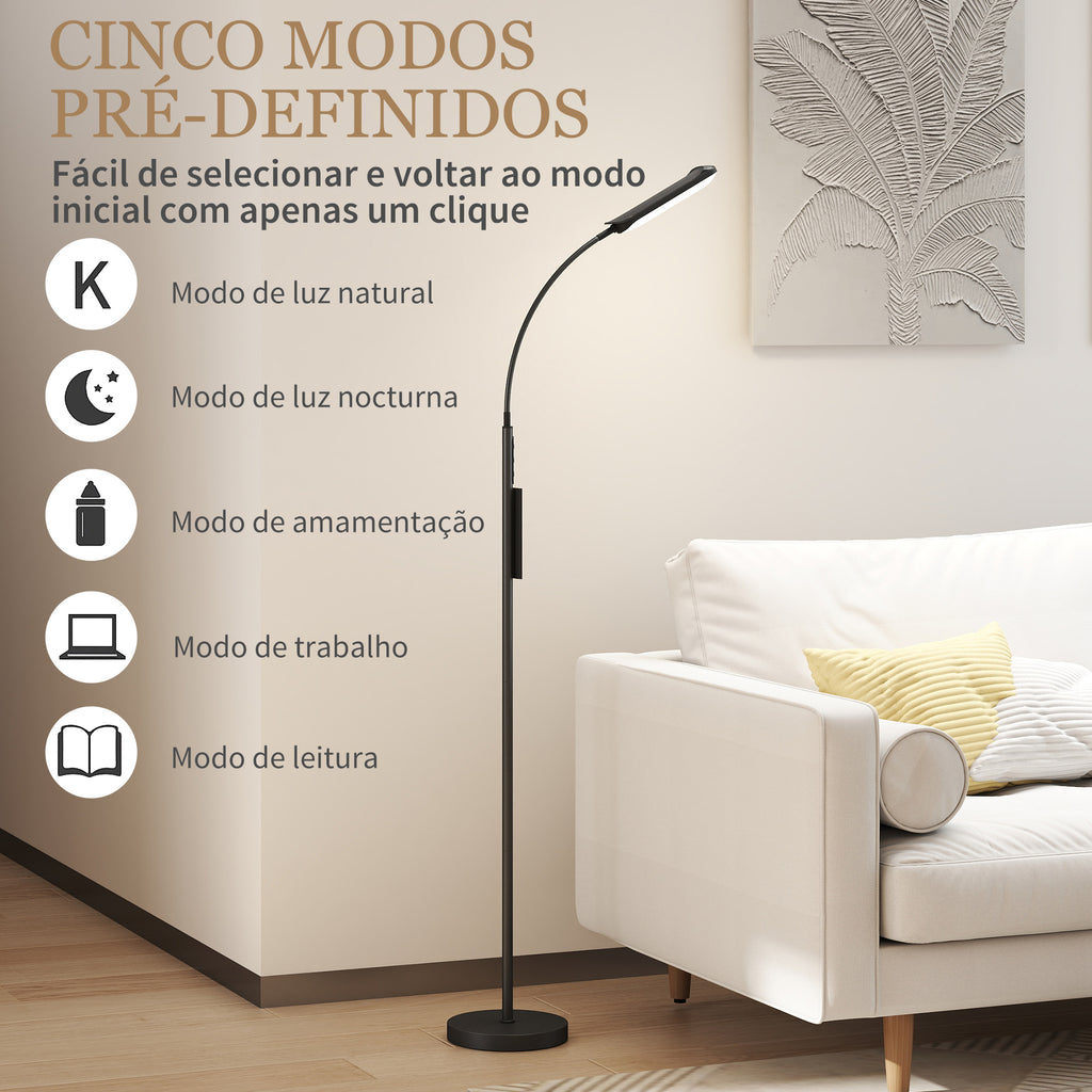 Candeeiro de Pé LED Regulável com Controlo Remoto e Tátil 5 Modos de Iluminação Temporizador de 60 Minutos Memória e Parte Inferior Giratório Flexível Ø22x175 cm Preto — foto 4