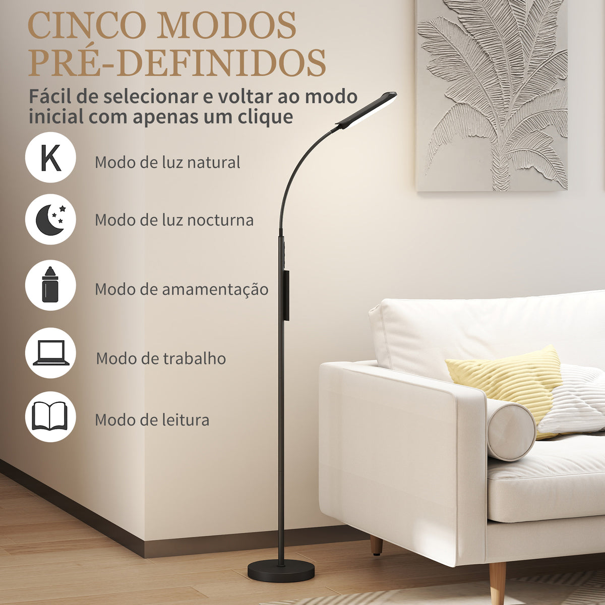 Candeeiro de Pé LED Regulável com Controlo Remoto e Tátil 5 Modos de Iluminação Temporizador de 60 Minutos Memória e Parte Inferior Giratório Flexível Ø22x175 cm Preto — foto 4