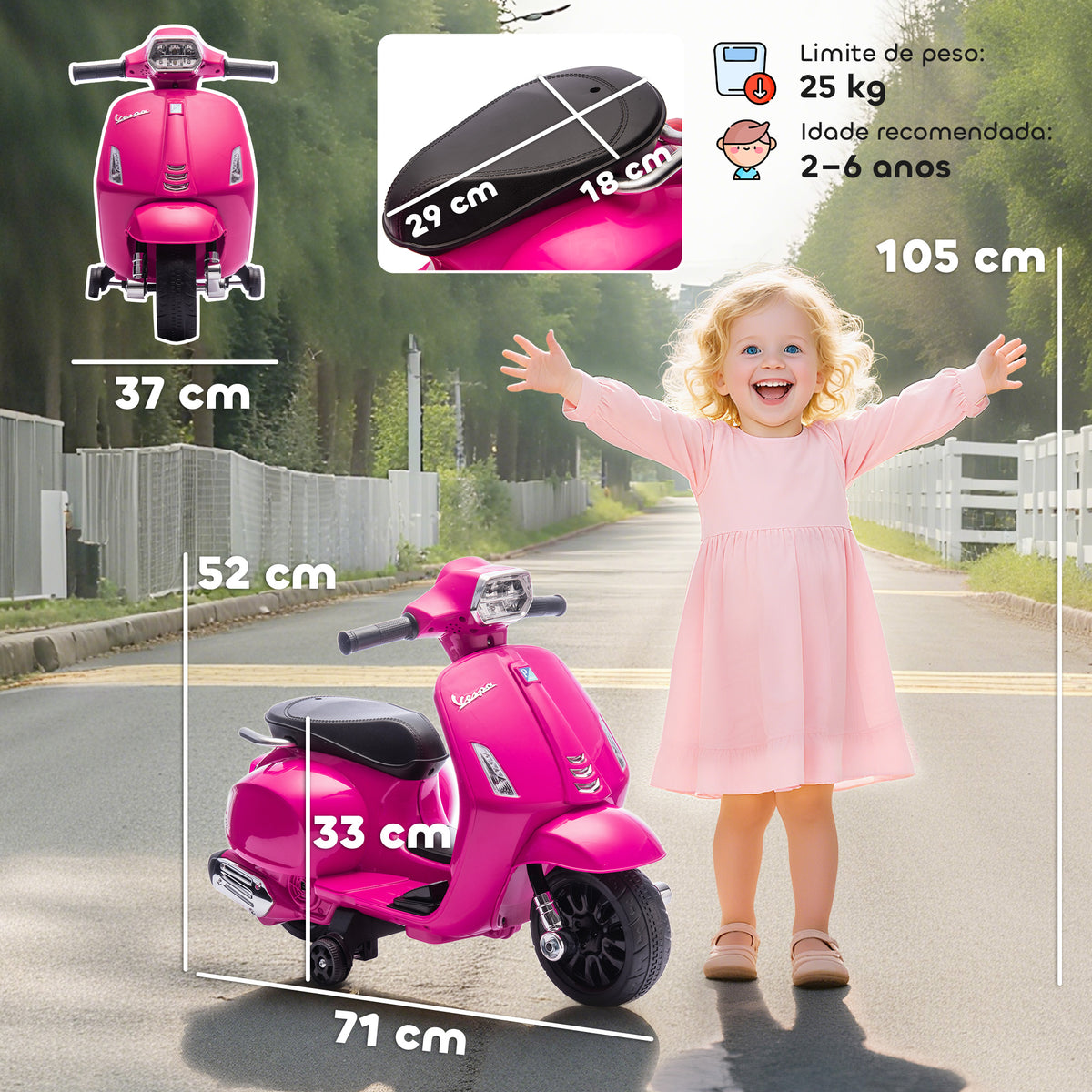 Mota Elétrica para Crianças 6V com Licença Vespa Mota Elétrica Infantil com Rodas Auxiliares Velocidade de 2,5km/h Farol e Buzina para Crianças de 2-6 Anos 71x37x52 cm Rosa — foto 3