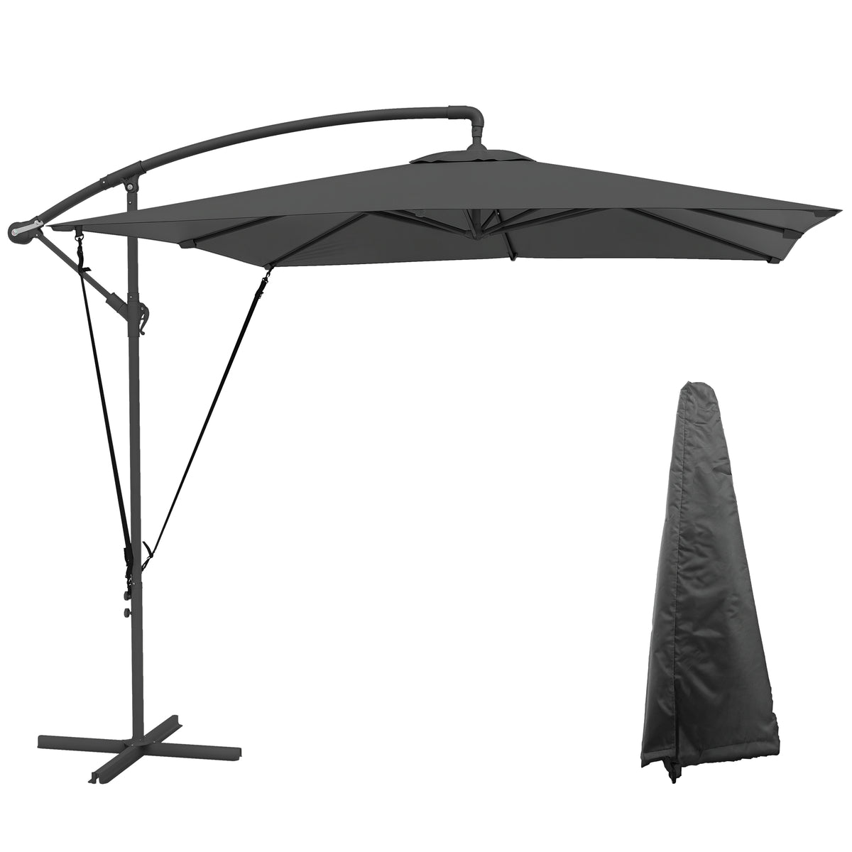 Chapéu de Sol Excêntrico 247x247 cm Chapéu de Sol de Jardim com Base Cruzada Capa Ajustável Manivela Capa Protetora e Corda de Vento Anti-UV 50+ Chapéu de Sol para Varanda Cinza Escuro — foto 1