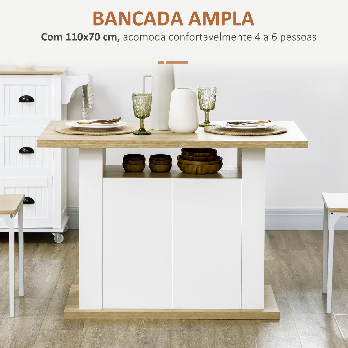 Ilha de Cozinha para 4-6 Pessoas Móvel de Cozinha com 4 Portas Compartimentos Abertos Prateleira Ajustável 110x70x75,5 cm Carvalho e Branco — foto 5