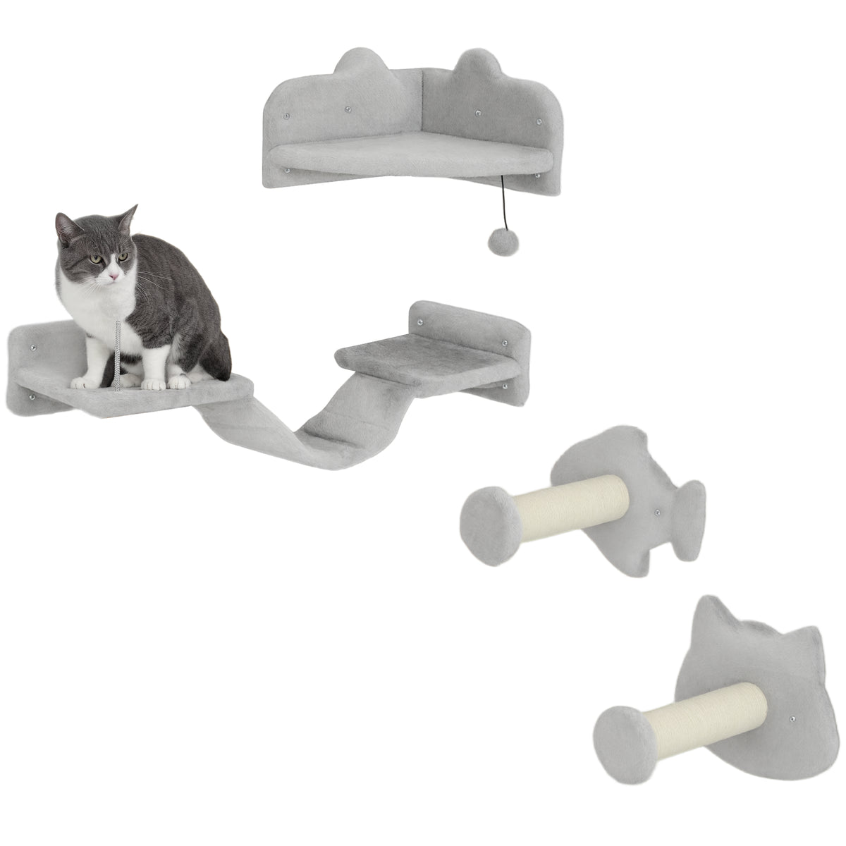 Conjunto de Prateleiras de Escalada para Gatos de 4 Peças Arranhador de Parede com 2 Postes de Sisal Plataforma Dupla com Escada e Plataforma para Saltar Cinzento — foto 1