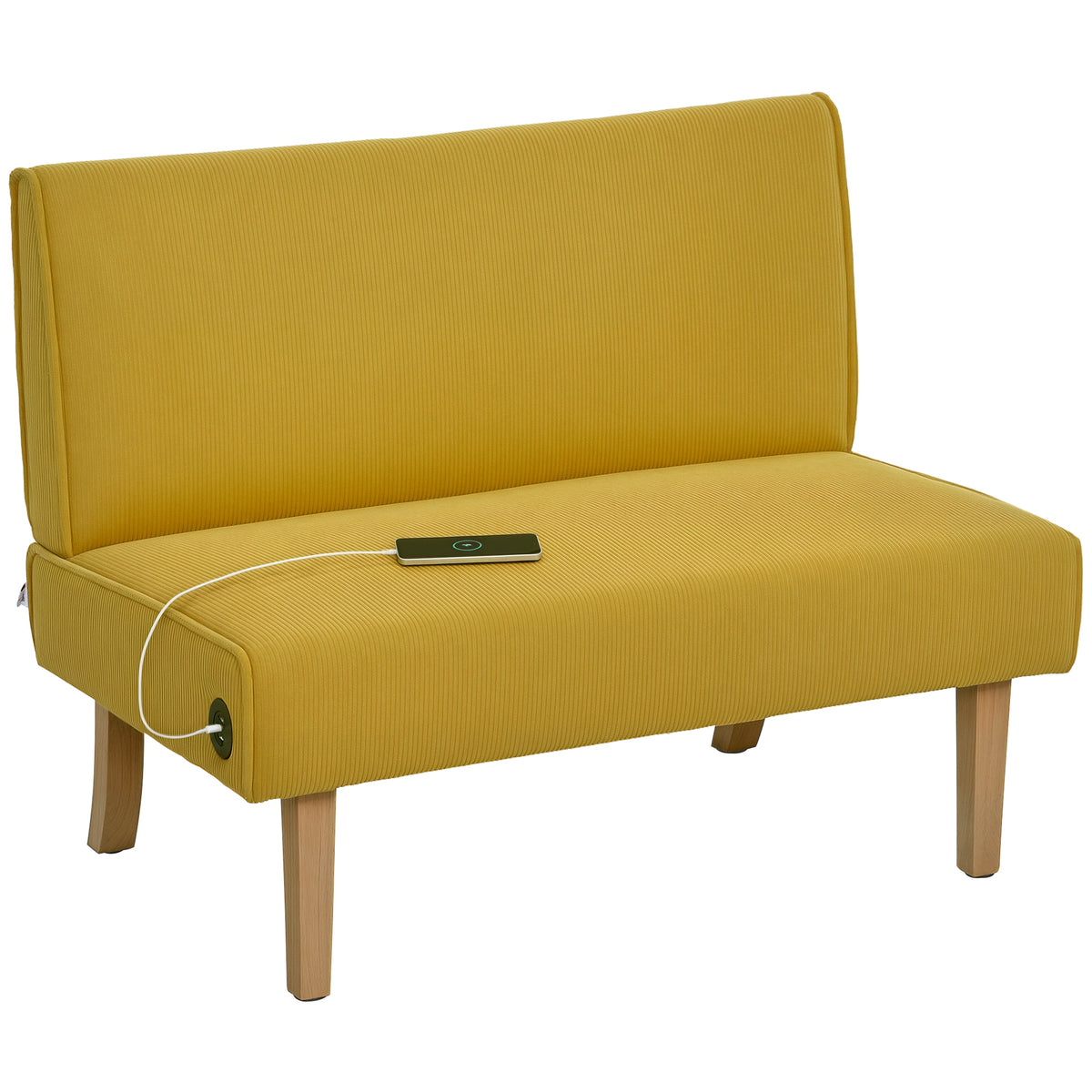 Sofá de 2 Lugares Estofado em Veludo Cotelê Sofá Sala de Estar sem Apoio para os Braços com 2 Entradas USB 1 Entrada Tipo C e Pés de Madeira Sofá Pequeno Carga 240 kg 110x60x85 cm Amarelo — foto 1