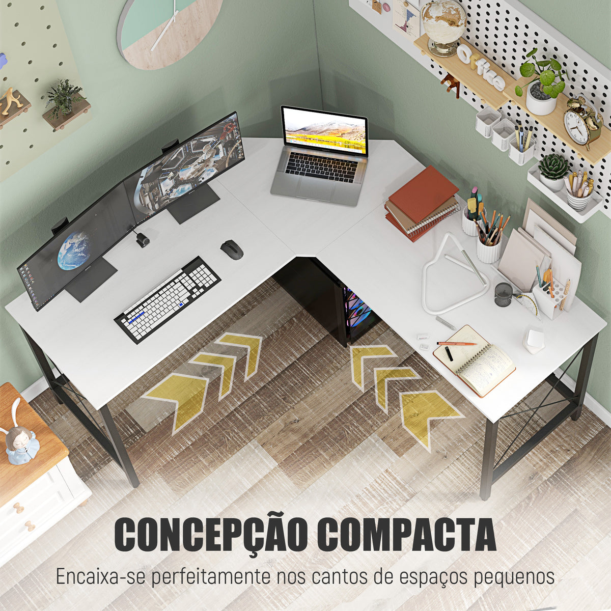 Secretária em Forma de L Secretária para Escritório com Estrutura de Metal Carga 70 kg Secretária de Canto para Escritório Estúdio 150x150x76 cm Branco e Preto — foto 4
