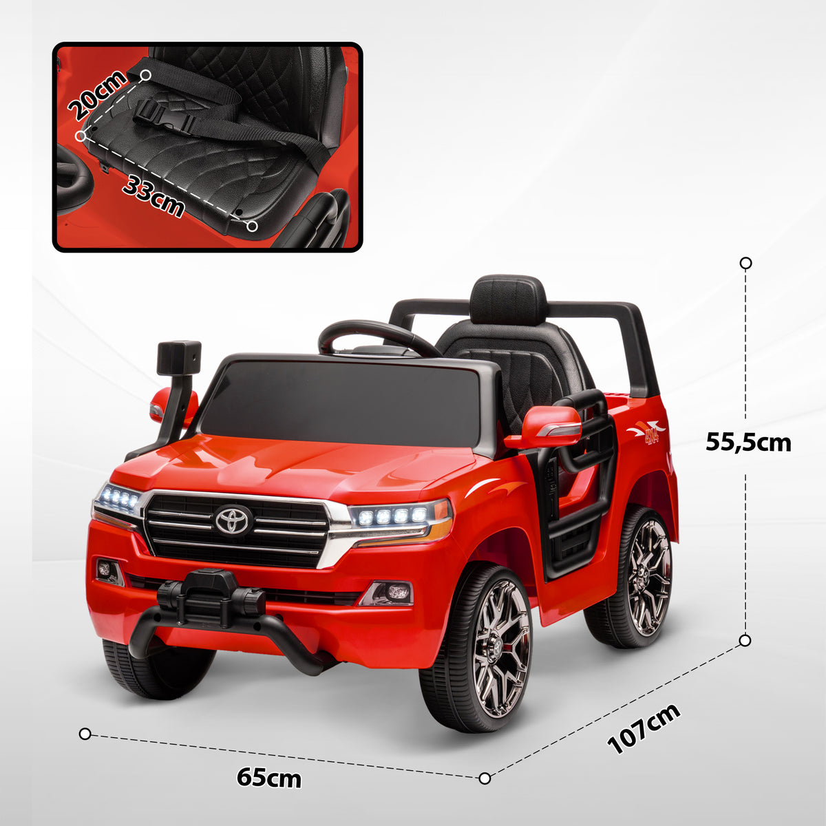 Carro Elétrico para Crianças acima de 3 Anos Carro Elétrico Toyota Land Cruiser com Bateria 12V Controlo Remoto Faróis Buzina Arranque Lento e Música MP3 107x65x55,5 cm Vermelho — foto 3