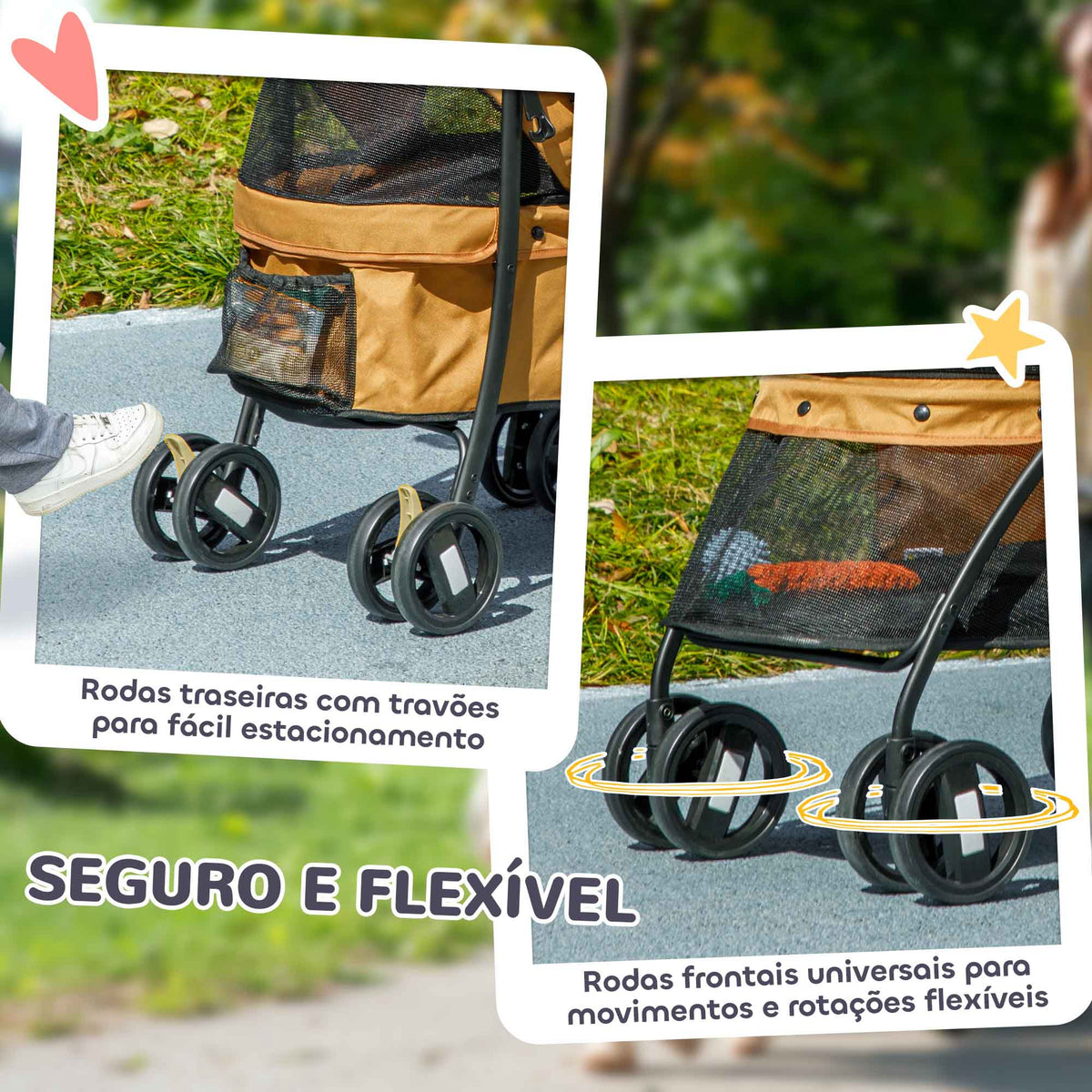 Carrinho para Animais de Estimação Dobrável Carrinho de Passeio para Cães e Gatos com Janela de Malha Almofada Lavável Arnês de Segurança e Estrutura de Aço 82x47x97cm Marrom — foto 5