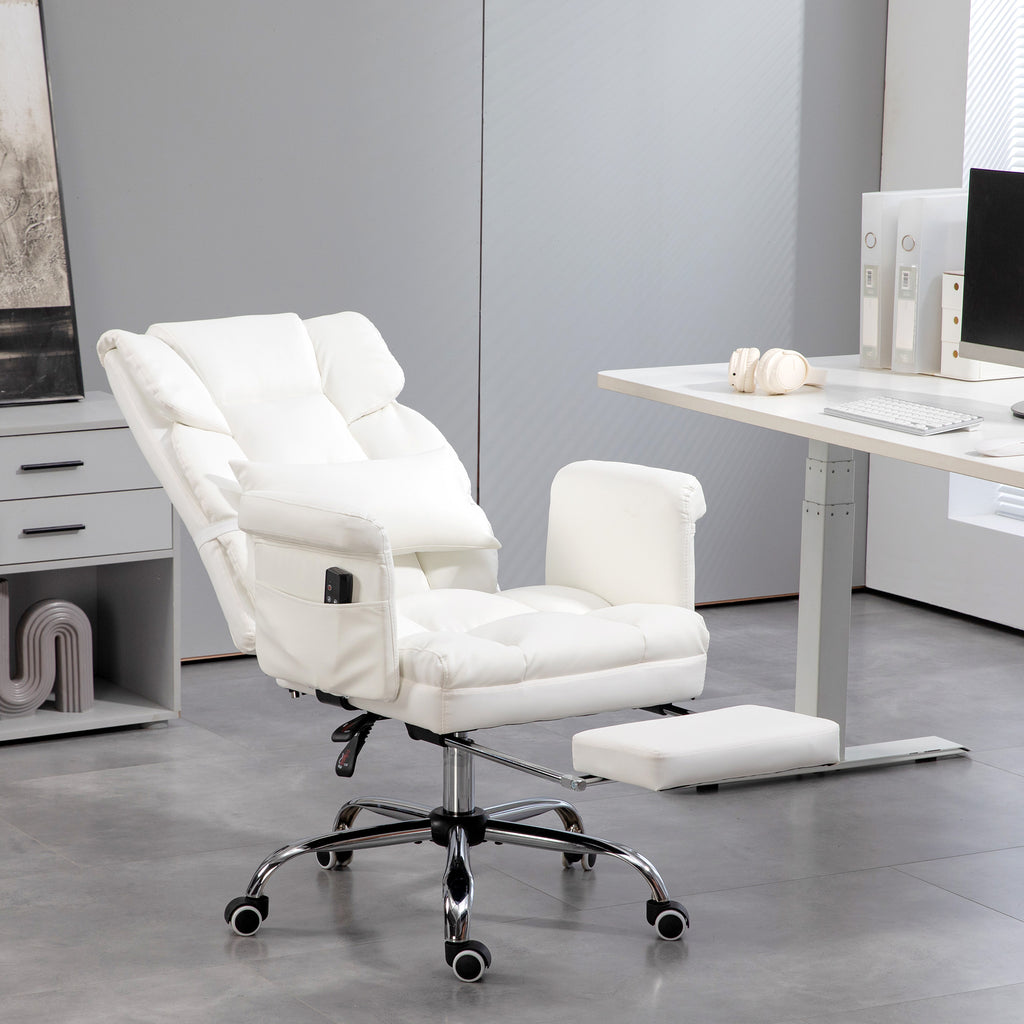 Cadeira de Massagem com 6 Pontos de Massagem Cadeira de Escritório com Apoio para os Pés Retrátil Altura Ajustável Controlo Remoto e Suporte Lombar Estofado em PU 69x65x107-115 cm Branco — foto 2