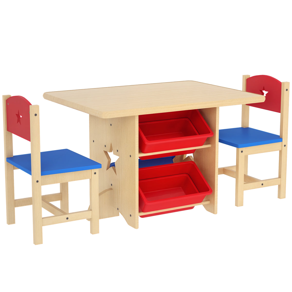 Mesa e Cadeiras para Crianças de 3 Peças Mesa Infantil com 2 Cadeiras e 4 Cestos de Arrumação Conjunto de Móveis para Crianças acima de 3 Anos para Sala de Jogos Madeira — foto 1