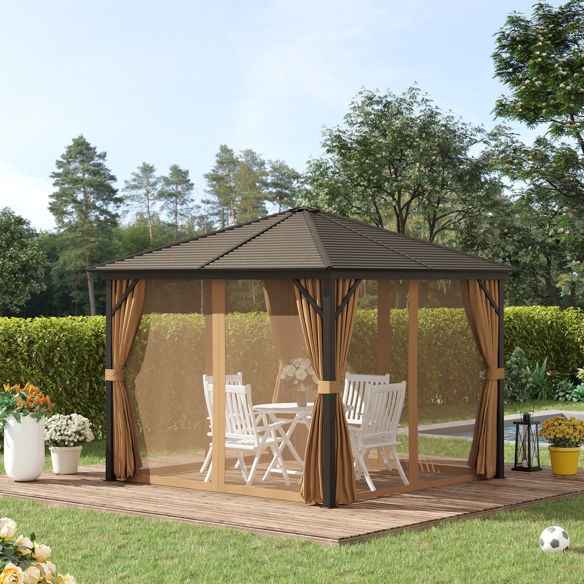 Pérgola de Jardim 3x3 com 4 Cortinas Laterais 4 Telas Mosquiteiras e Gancho para Candeeiro Pérgola de Alumínio para Exterior Pátio Festas Marrom — foto 2
