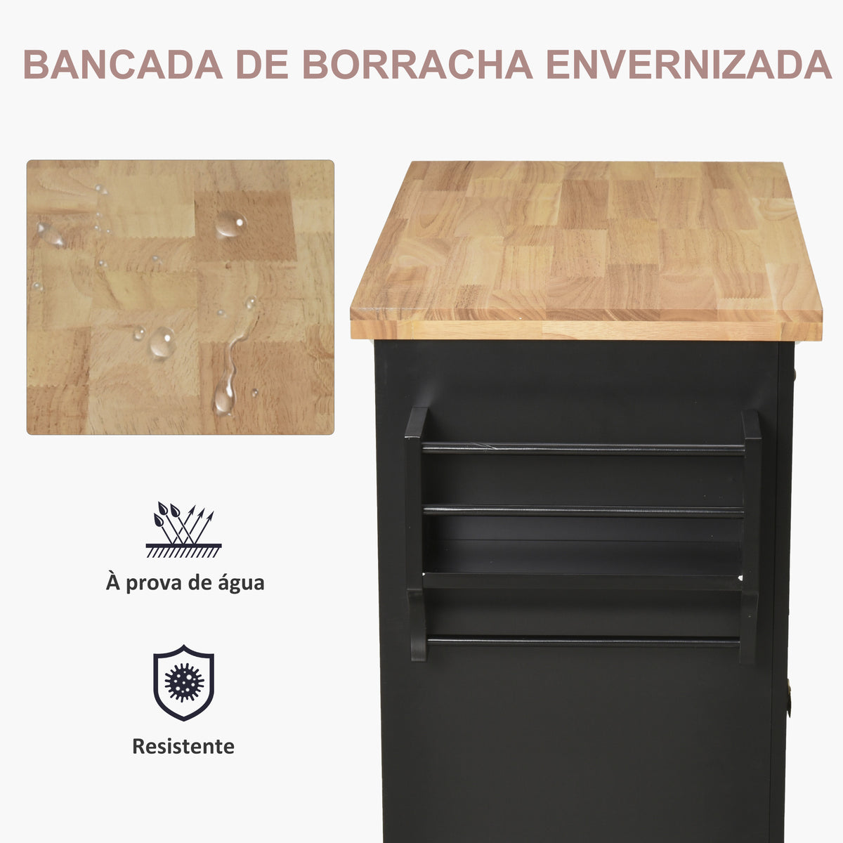 Ilha de Cozinha com Rodas Móvel Auxiliar de Cozinha com 2 Gavetas 4 Portas Suporte para Temperos e Barra Lateral 111x44,5x82,5 cm Preto e Madeira — foto 4