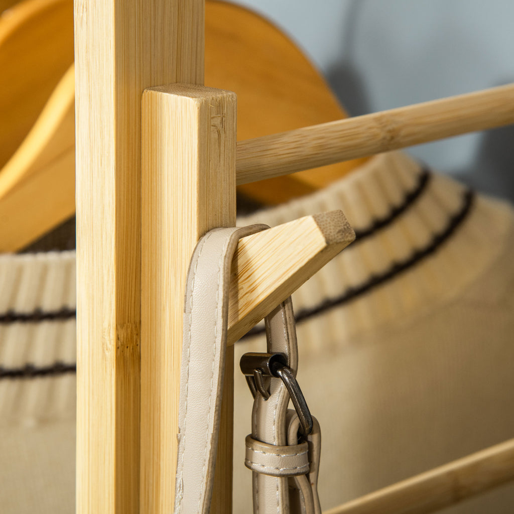 Suporte para Cabides de Bambu Cabideiro com Prateleiras de 4 Níveis com Barra Prateleira Inferior e Cabide Lateral para Roupas Bolsas 90x30x155cm Madeira — foto 9