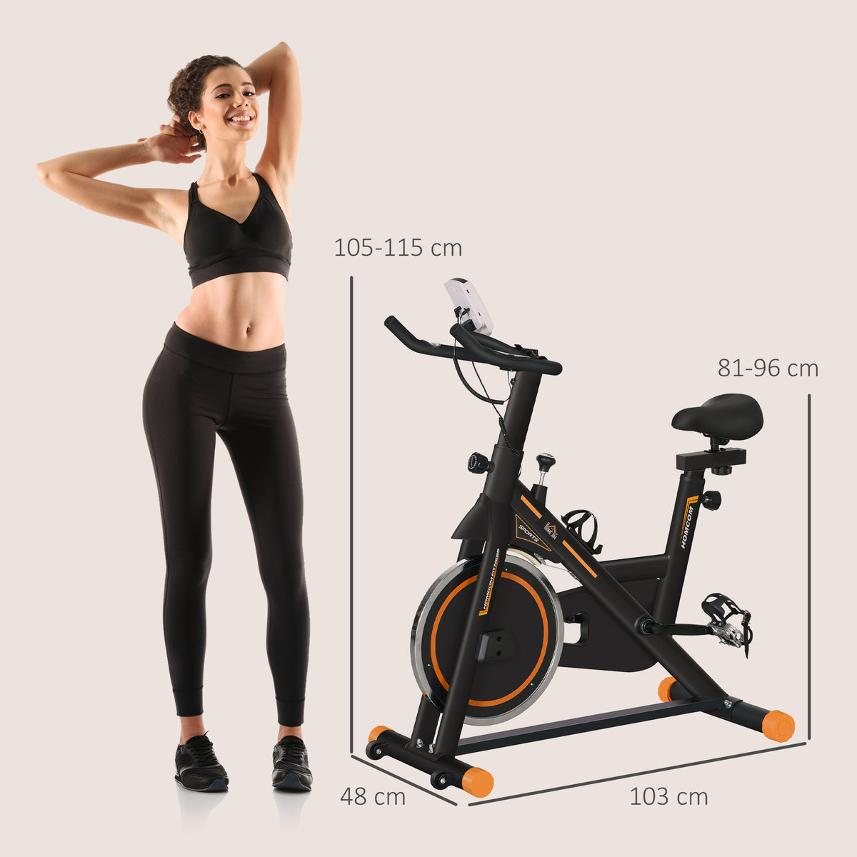 Bicicleta Estática com Resistência Ajustável Bicicleta Fitness com Volante de Inércia de 8kg Ecrã LCD Assento e Guiador Ajustáveis Suporte para Tablet 103x48x115cm Preto e Laranja — foto 3