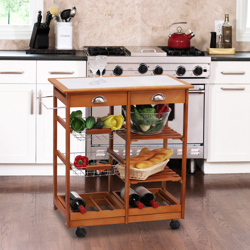 Carrinho de Cozinha Multifuncional Carrinho Auxiliar de Madeira com Grande Espaço de Armazenamento Gavetas Cestas Prateleiras 4 Rodas 74x37x76 cm Madeira — foto 2